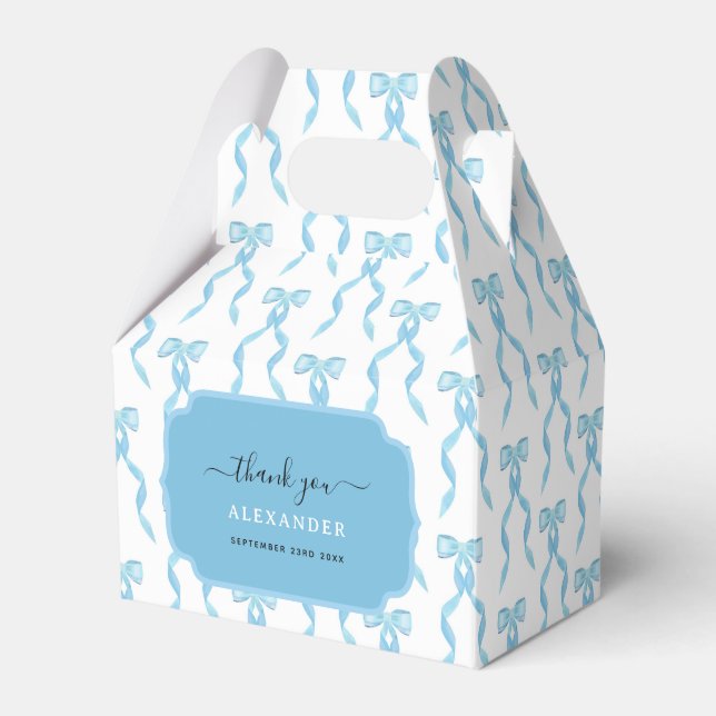 Fancy Watercolor Blue Bow Birthday Favor Boxes (Front Side)
