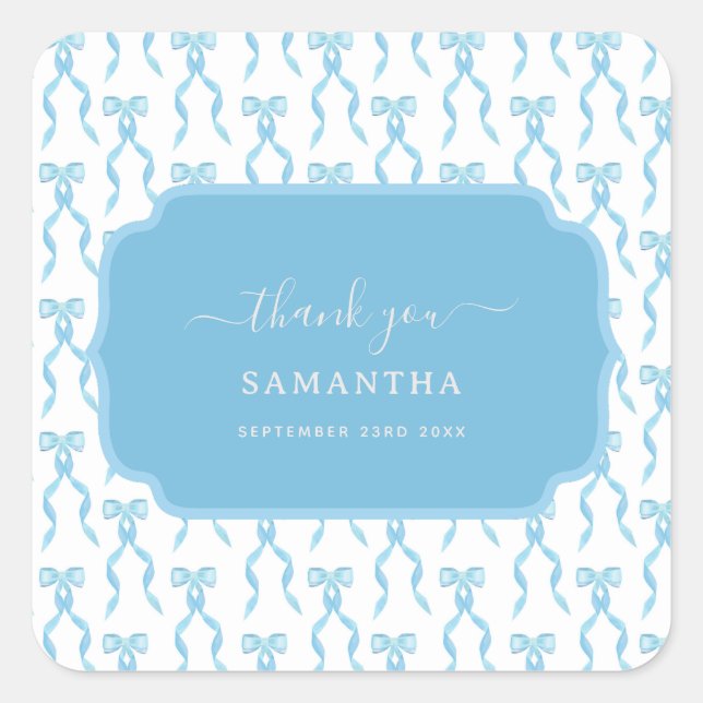 Fancy Watercolor Blue Bow Pattern Square Sticker (Front)