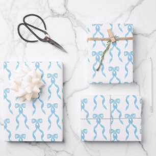 Fancy Watercolor Blue Bow Pattern Wrapping Paper Sheets