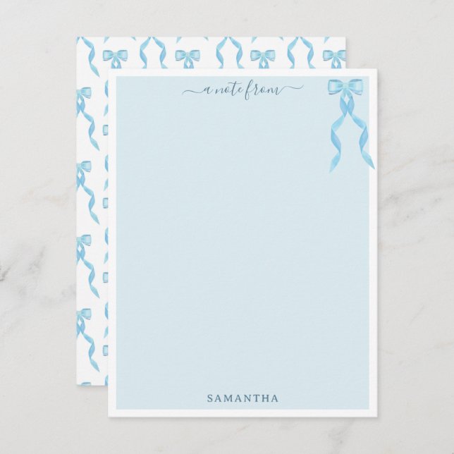 Fancy Watercolor Blue Bow Personalized Note Card (Front/Back)