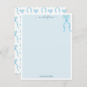 Fancy Watercolor Blue Bow Personalized Note Card