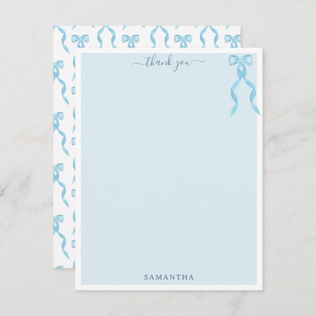 Fancy Watercolor Blue Bow Personalized Thank You Card (Front/Back)