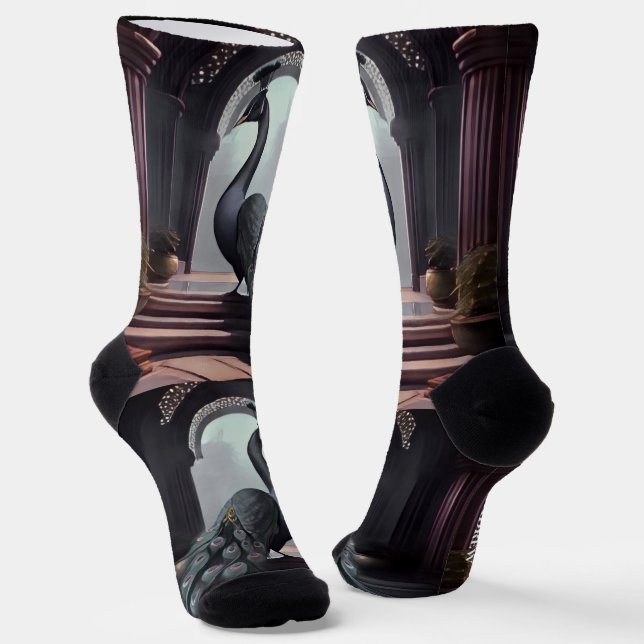Fancy Watercolor Peacock Crew Socks (Angled)