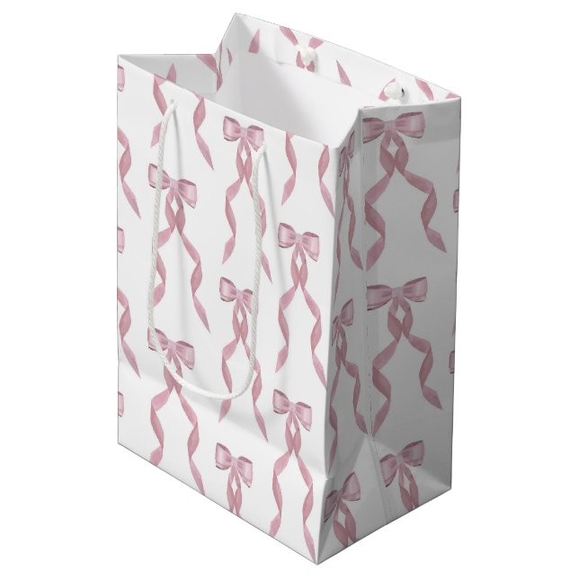 Fancy Watercolor Pink Bow Pattern Medium Gift Bag (Front Angled)