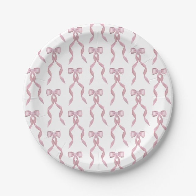 Fancy Watercolor Pink Bow Pattern Paper Plates (Front)