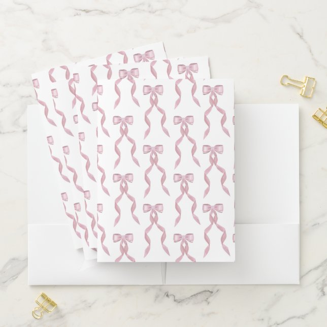Fancy Watercolor Pink Bow Pattern Pocket Folder (In Situ)
