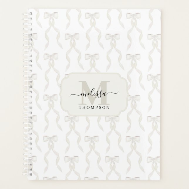 Fancy Watercolor White Bow Monogrammed Wedding Planner (Front)