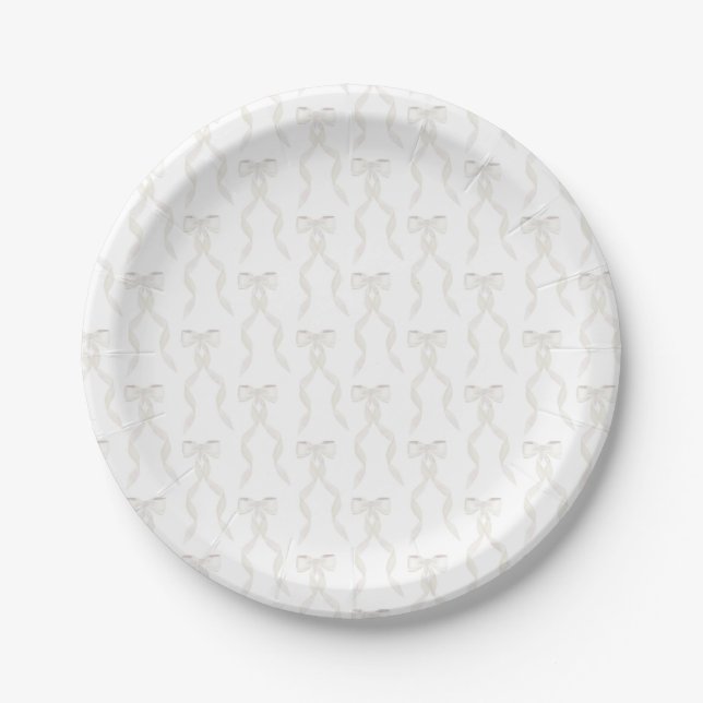 Fancy Watercolor White Bow Pattern Paper Plates (Front)