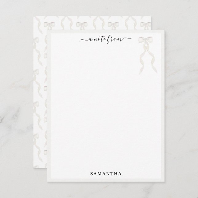 Fancy Watercolor White Bow Personalized Note Card (Front/Back)