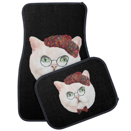 Fancy White Cat Beret Hat Glasses Feline Kitten Car Mat