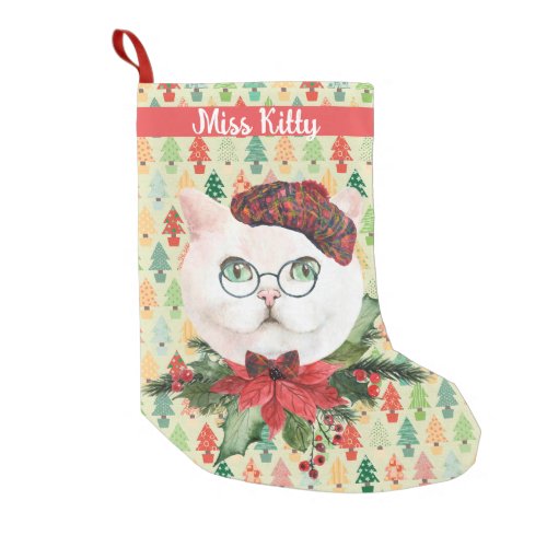 Fancy White Cat  Poinsettia Custom Small Christmas Stocking