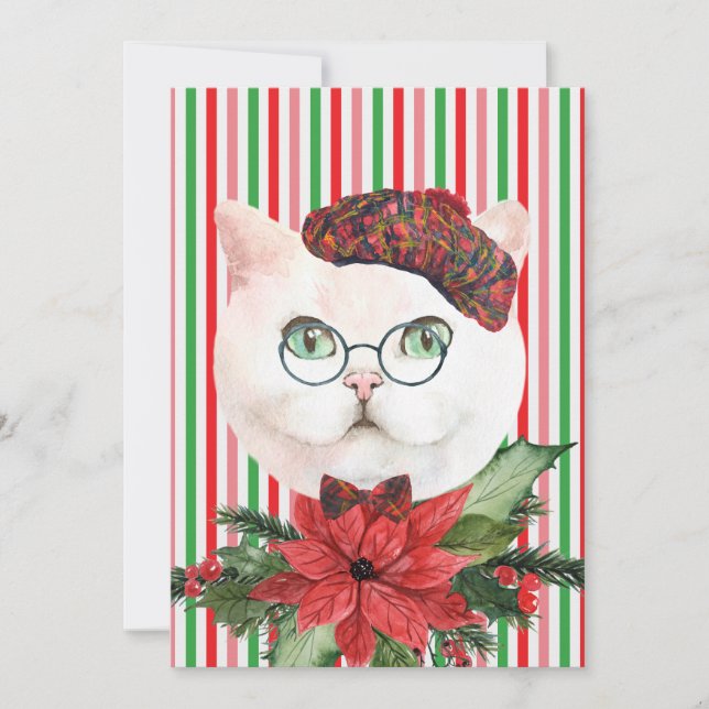 Fancy White Cat & Poinsettia Holiday Card (Front)