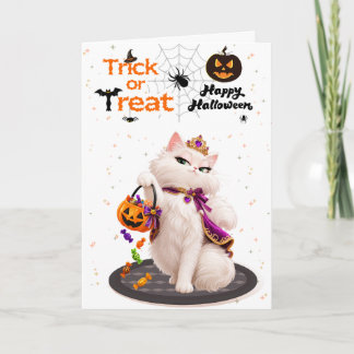 Fancy White Cat Princess Trick or Treat Halloween Card