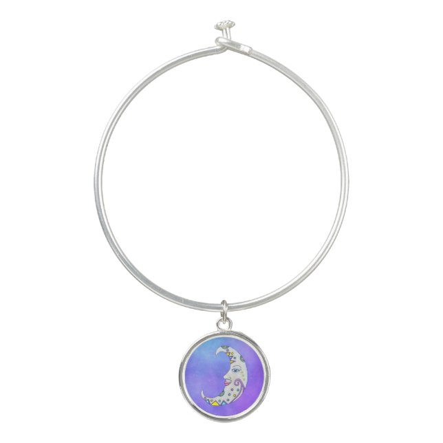 Fancy White Crescent Moon Pretty Face Colorful Bangle Bracelet (Front)