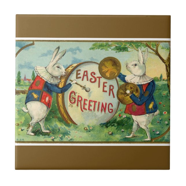 Fancy White Easter Bunnies Dark Brown Ceramic Tile (Front)