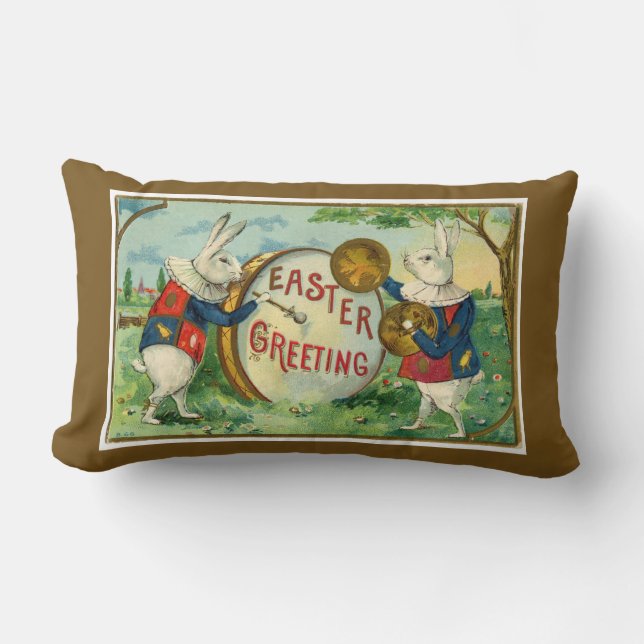 Fancy White Easter Bunnies Dark Brown Reversible Lumbar Pillow (Front)