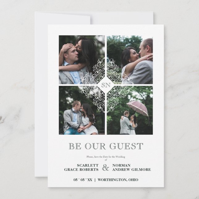 Fancy White Flourish Lace Effect 4 Photos Wedding  Save The Date (Front)