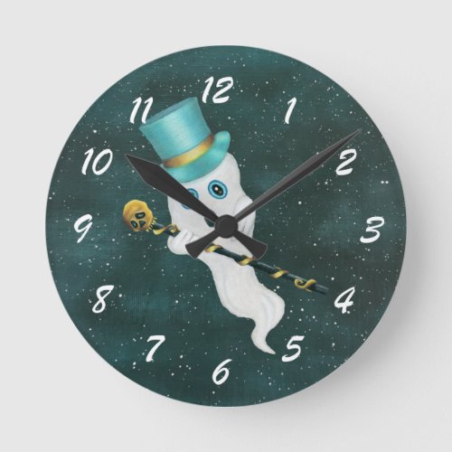 Fancy White Ghost Blue Top Hat Night Sky Cane Round Clock