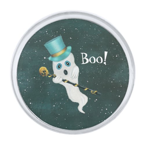 Fancy White Ghost in Night Sky Top Hat Skull Cane Silver Finish Lapel Pin