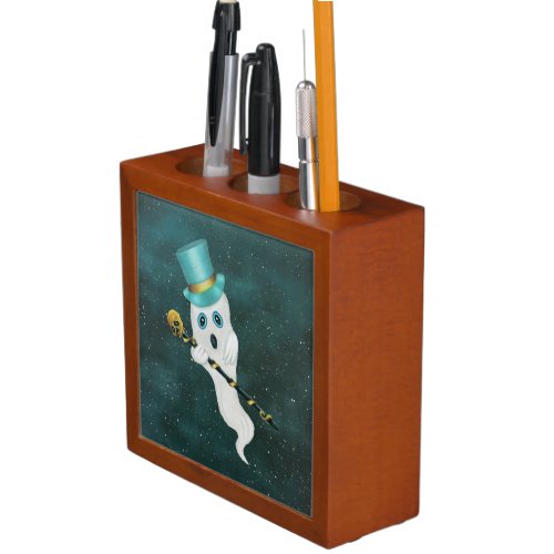 Fancy White Ghost in Top Hat With Skull Cane Sky Desk Organizer