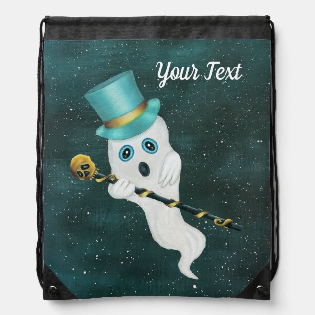 Fancy White Ghost Wearing Top Hat Skull Cane Sky Drawstring Bag (Front)