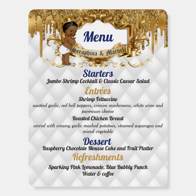 Fancy White|Gold Drip Glitter African Prince Menu  Foam Board (Back)