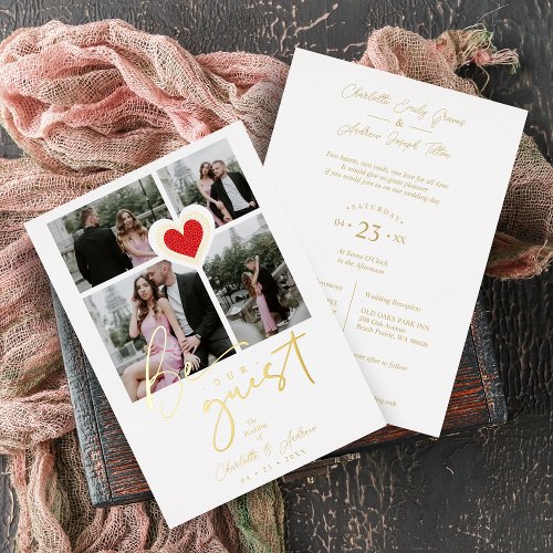 Fancy White Lace Red Heart 4 Photos Be our Guest Foil Invitation
