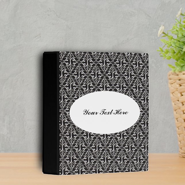 Fancy White Scrolls on Black Damask Design Mini Binder (Elegant damask pattern with scrolls in black and white on a binder.)