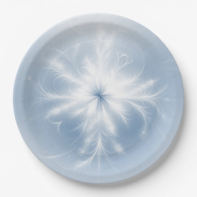 Fancy White Snowflake On Blue Paper Plates (Front)