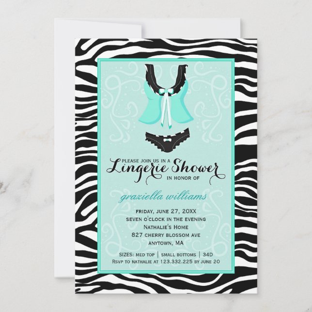 Fancy Wild Aqua Zebra Lingerie Shower Bachelorette Invitation (Front)