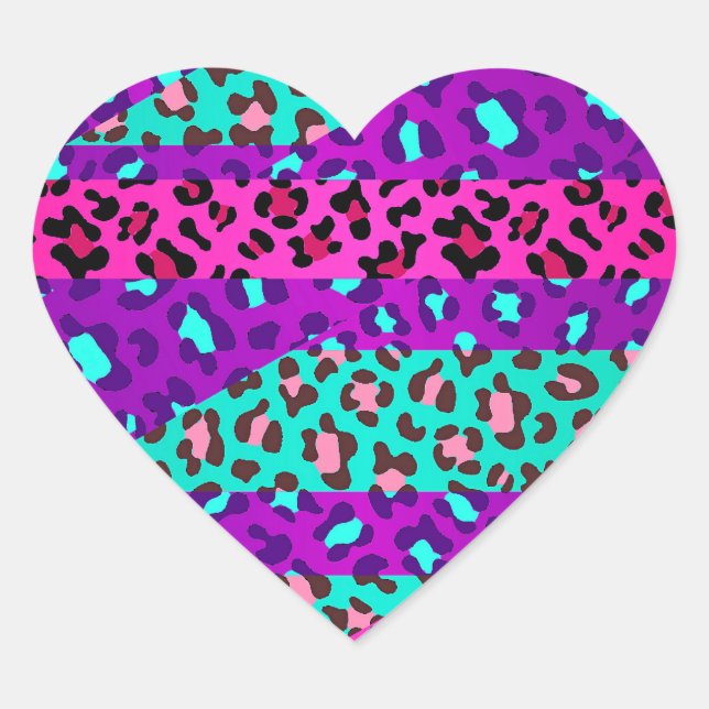 Fancy Wild Leopard Print Neon Pink Purple Blue Heart Sticker (Front)