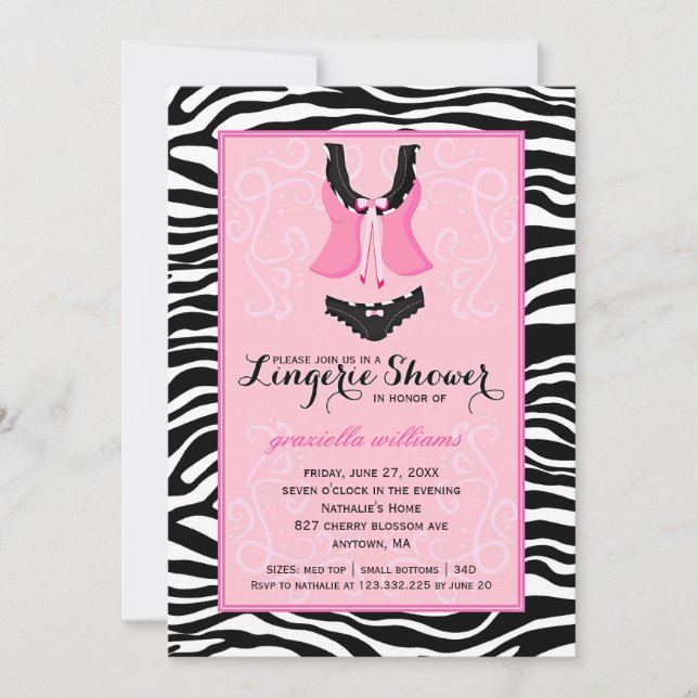 Fancy Wild Pink Zebra Lingerie Shower Bachelorette Invitation (Front)