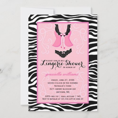 Fancy Wild Pink Zebra Lingerie Shower Bachelorette Personalized Invites