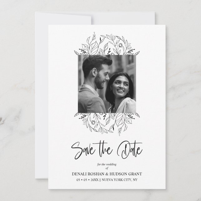 Fancy Wildflowers Black & White Photo Wedding Save The Date (Front)