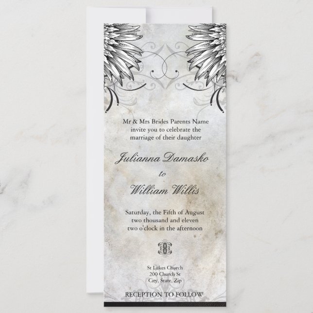 Fancy Winged Urban Tattoo Wedding Invitation (Front)