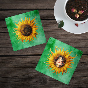 Fancy Yellow Sunflower Girl's Face Green Coaster Set
