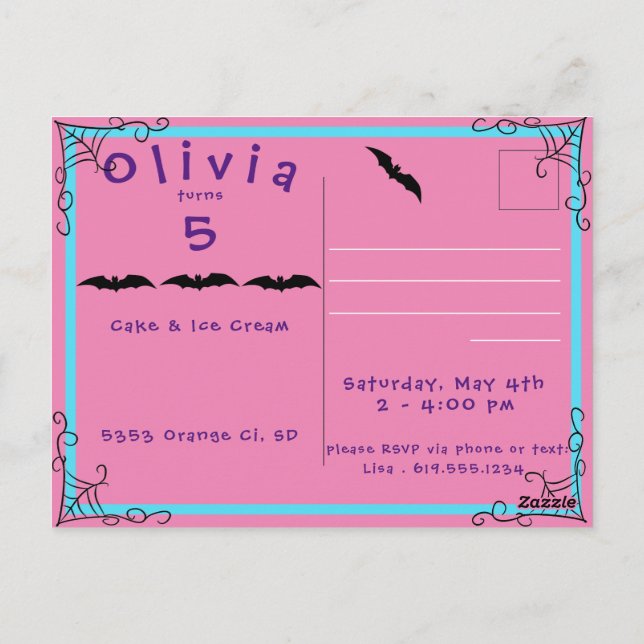 Fang-tastic Spiderweb & Bat Birthday Invite Postca (Back)