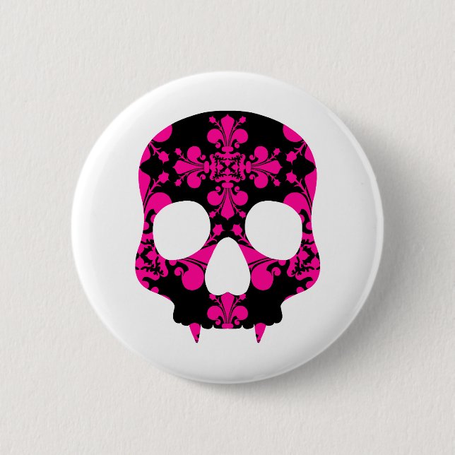 Fanged girly skull pinback button (Front)