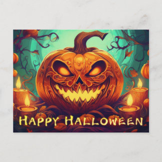 Fanged Pumpkin Candles Glow Halloween Art Holiday Postcard