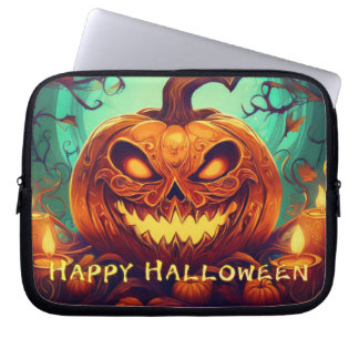 Fanged Pumpkin Candles Glow Halloween Art Laptop Sleeve