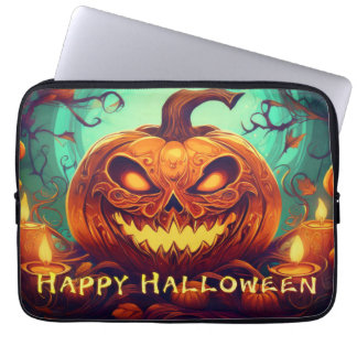 Fanged Pumpkin Candles Glow Halloween Art Laptop Sleeve