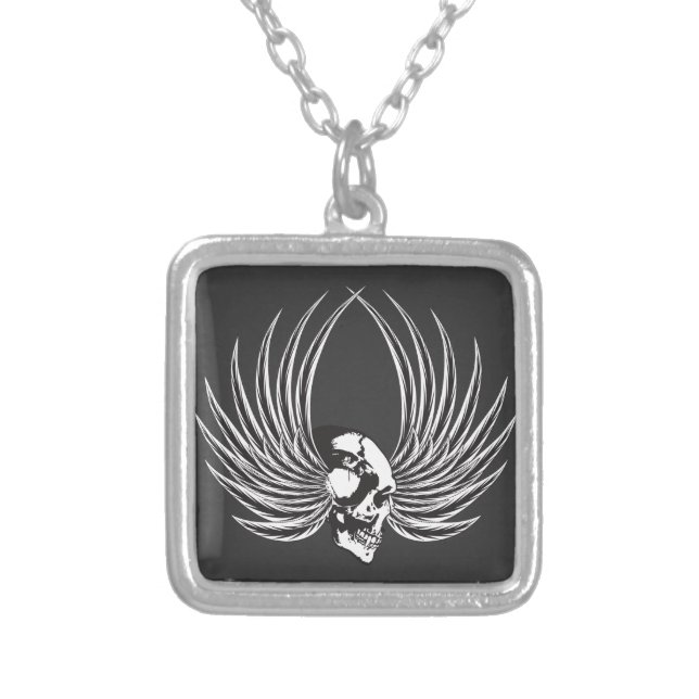 Fanged Skull with Wings Silver Plated Necklace (Front)
