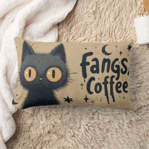 Fangs and Coffee Graphic with Grungy Black Cat Lumbar Pillow