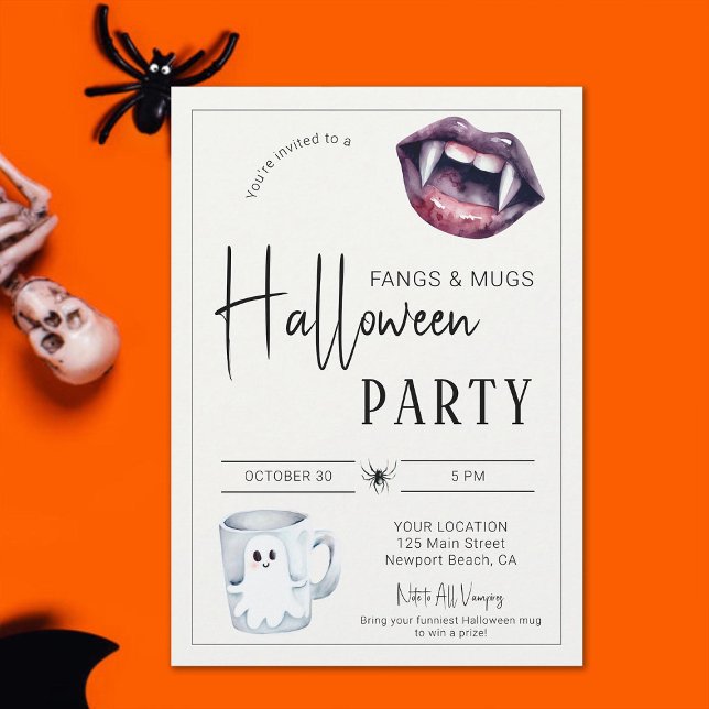 Fangs and Mugs Halloween Party Vampires Spider Fun Invitation (vampire halloween party invitation fangs and mugs costume prize funny cute home ghost spider)