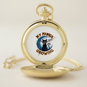 Fangs Growing Halloween Black Cat Blue Moon Bats_1 Pocket Watch