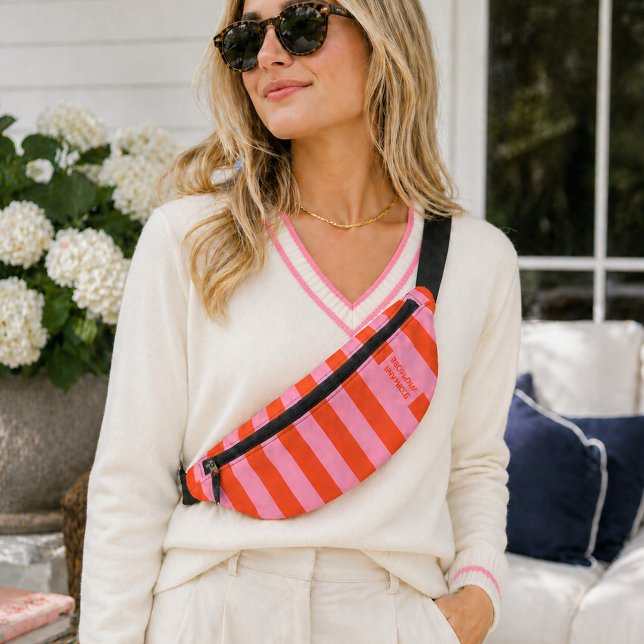 Fanny Pack | Preppy Bold Stripe Coral Pink (A bold striped fanny pack with a playful modern look perfect for gifting or everyday use.)