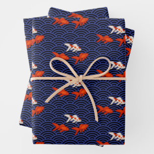 Fantail Goldfish on Segaiha Wave Pattern Wrapping Paper Sheets