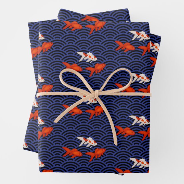 Fantail Goldfish on Segaiha Wave Pattern Wrapping Paper Sheets (In situ)