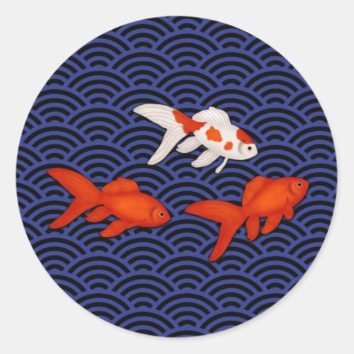 Fantail Goldfish on Seigaiha Wave Pattern Japanese Classic Round Sticker