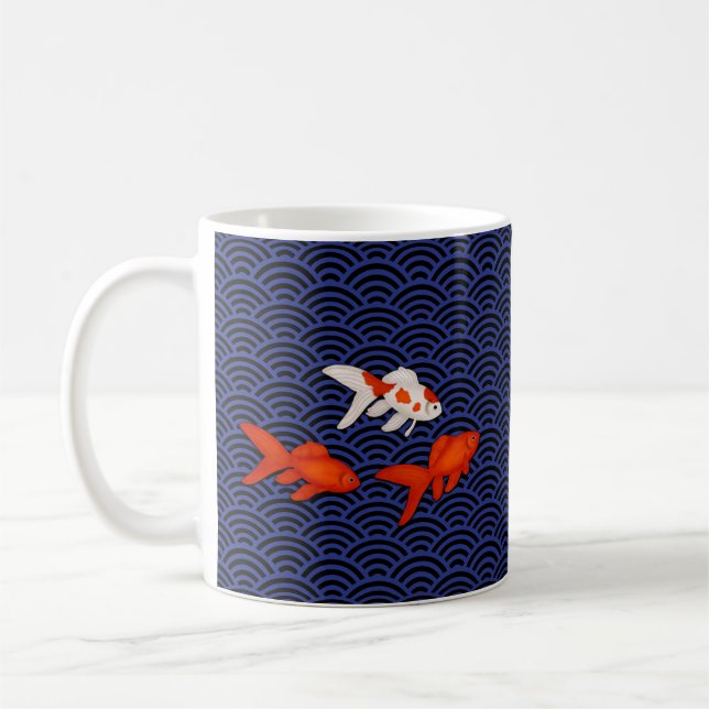 Fantail Goldfish on Seigaiha Wave Pattern Japanese Coffee Mug (Left)